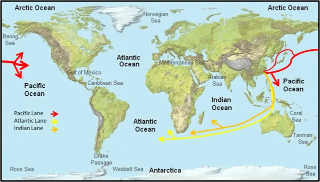 china to usa sea route map