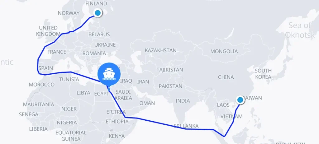 Sea freight route from China to Finland