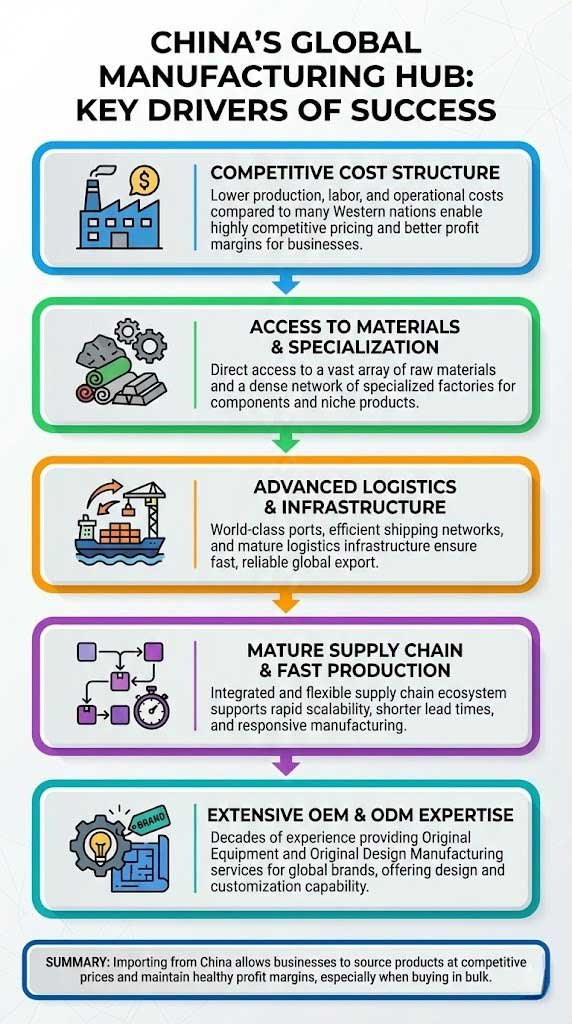 Key factors that make China a global manufacturing center include: