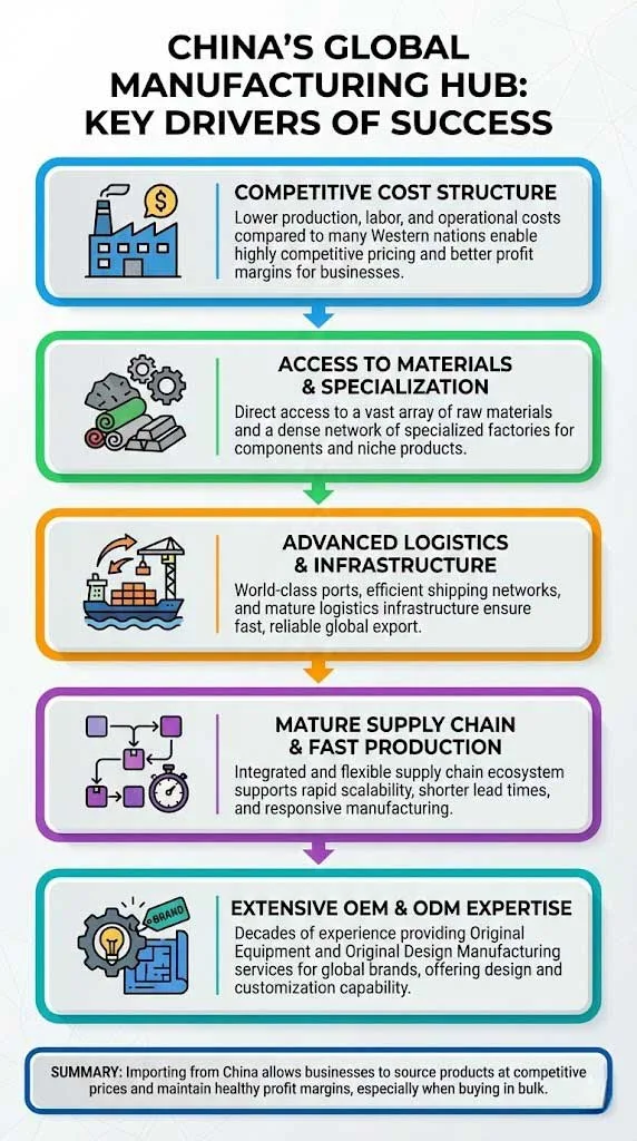 Key factors that make China a global manufacturing center include:
