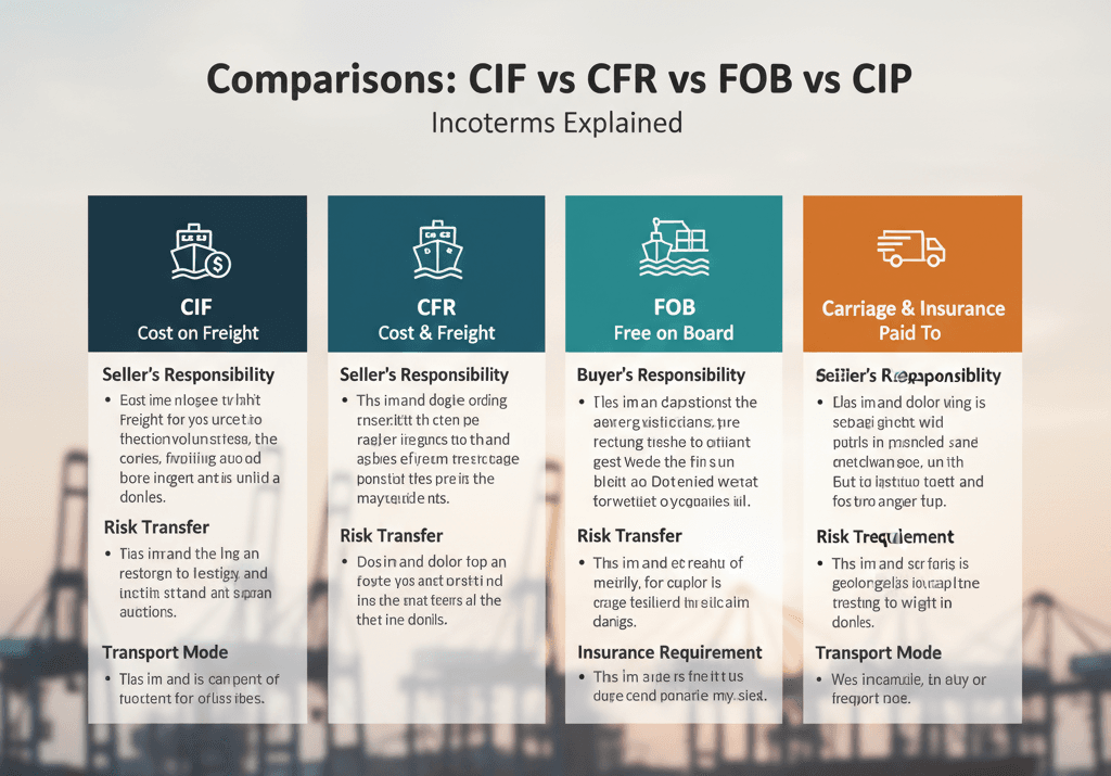 Comparisons CIF vs CFR vs FOB vs CIP