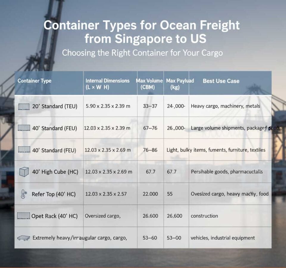 Container Types for Ocean Freight from Singapore  to US