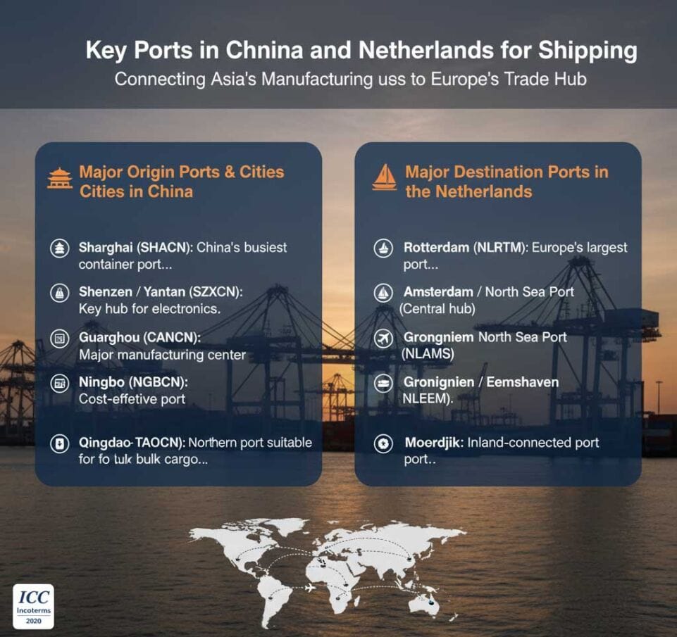 Key Ports in China and Netherlands  for Shipping