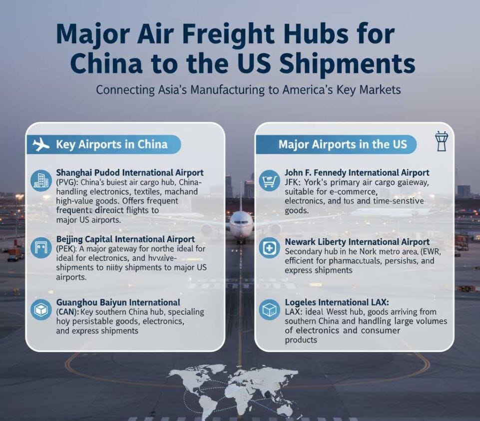 Major Air Freight Hubs for China to the US Shipments Key Airports in China: Shanghai Pudong International Airport (PVG): China’s busiest air cargo hub, handling electronics, textiles, machinery, and high-value goods. Offers frequent direct flights to major US airports. Beijing Capital International Airport (PEK): A major gateway for northern China, ideal for electronics, machinery, and high-value shipments to the US. Guangzhou Baiyun International Airport (CAN): Key southern China hub, specializing in perishable goods, electronics, and express shipments. Major Airports in the US: John F. Kennedy International Airport (JFK): New York’s primary air cargo gateway, suitable for e-commerce, electronics, and time-sensitive goods. Newark Liberty International Airport (EWR): Secondary hub in the New York metro area, efficient for pharmaceuticals, perishables, and express shipments. Los Angeles International Airport (LAX): West Coast hub, ideal for goods arriving from southern China and handling large volumes of electronics and consumer products.