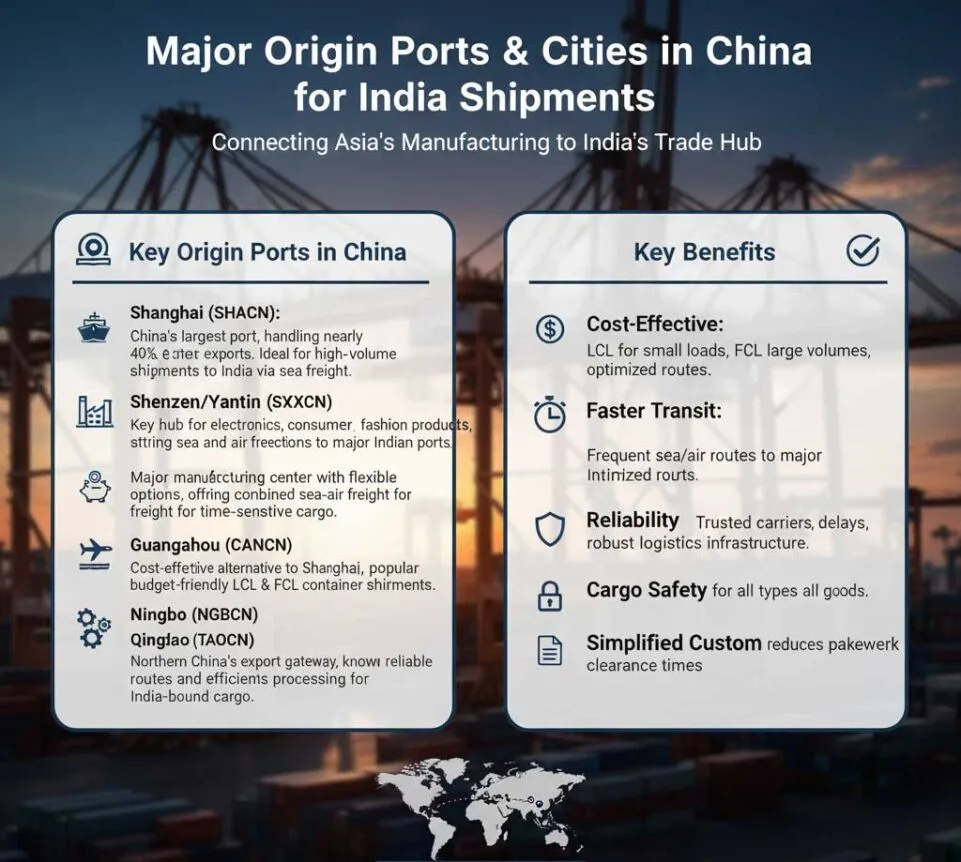 Major Origin Ports & Cities in China for India Shipments