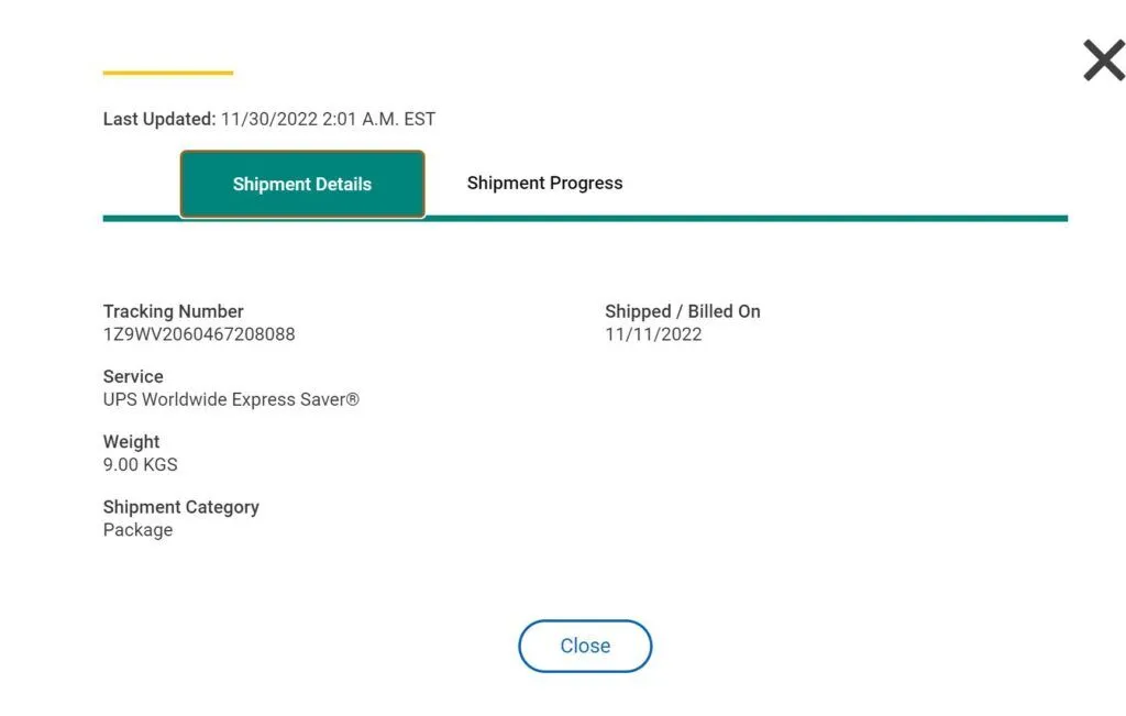 UPS shipment details