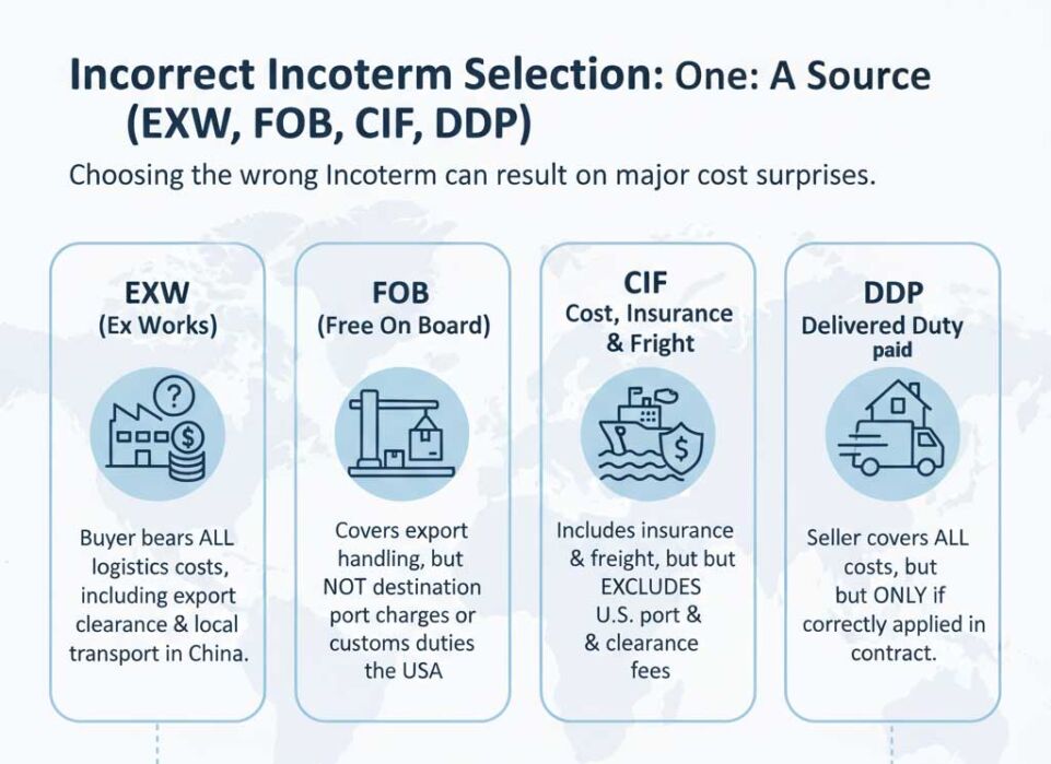 Incorrect Incoterm Selection (EXW, FOB, CIF, DDP)