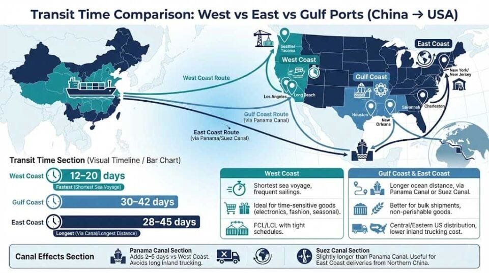 Transit Time Comparison West vs East vs Gulf Ports